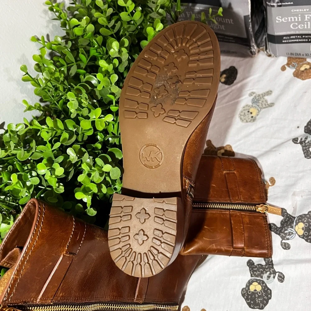 Michael Kors Chestnut Leather Boots with Gold Buckles